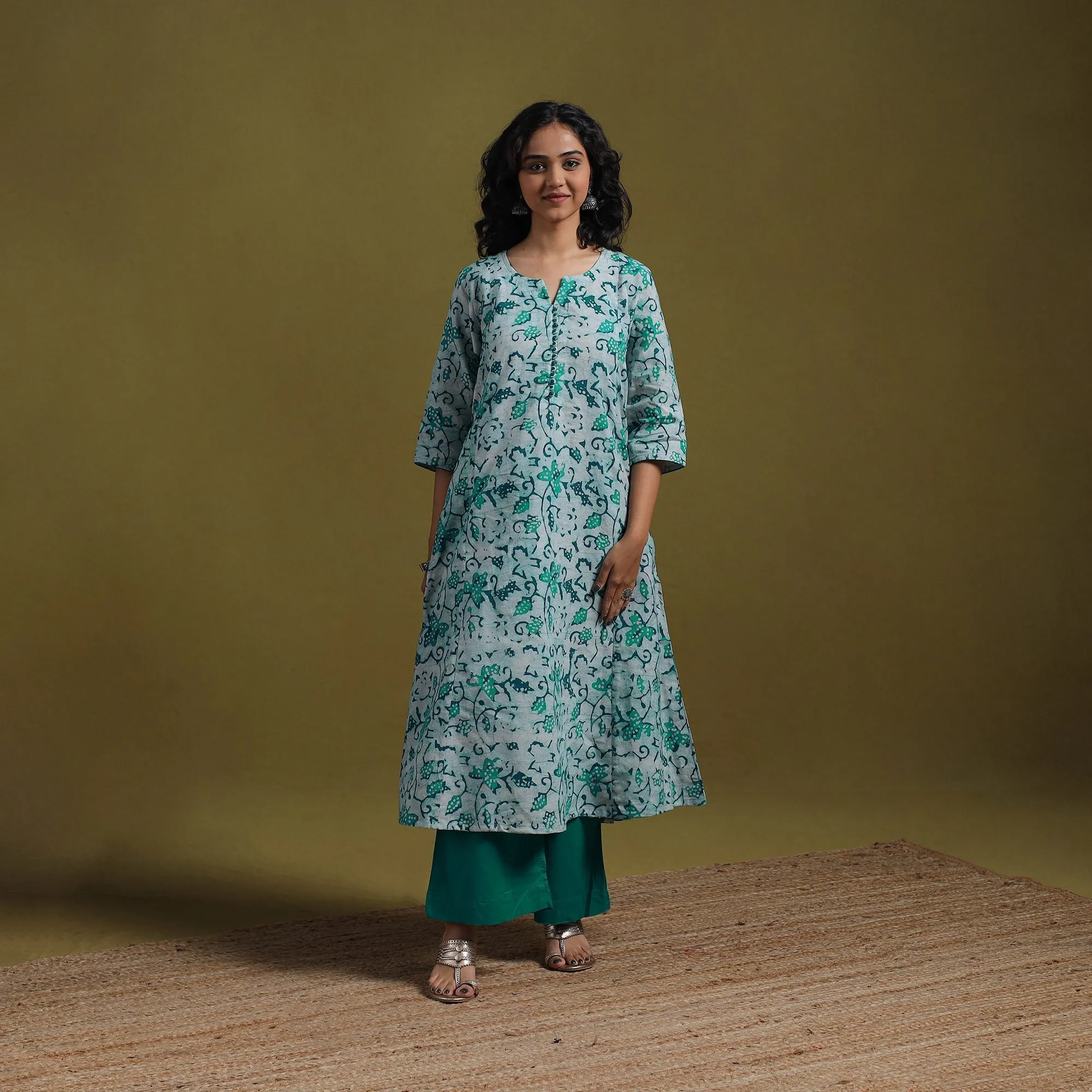 Green - Cotton Hand Block Batik Print A-Line Kurta for women 22 sold by Itokri product image thumbnail 2