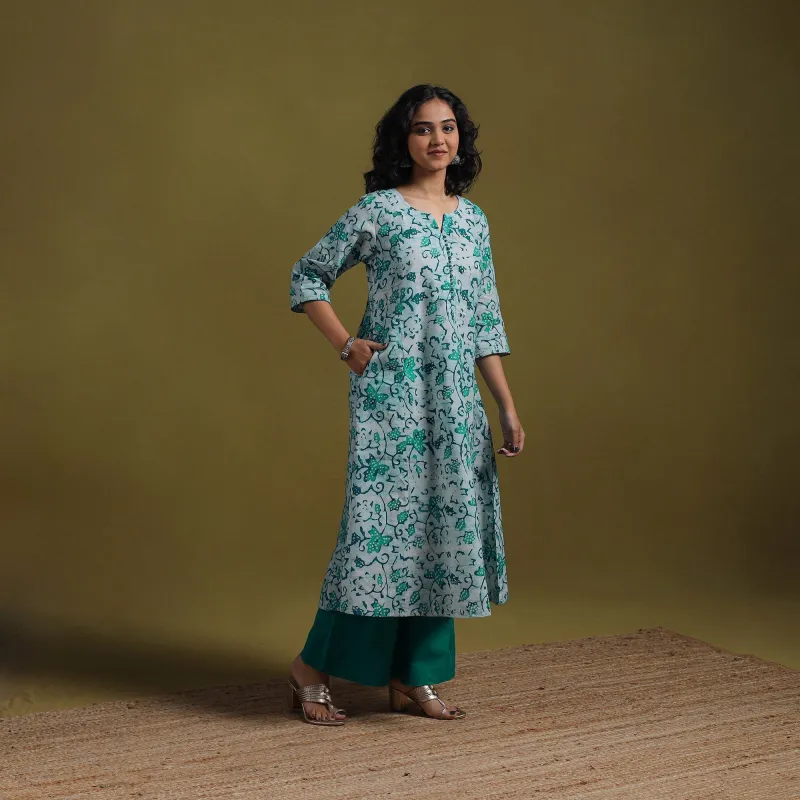 Green - Cotton Hand Block Batik Print A-Line Kurta for women 22 made by Itokri