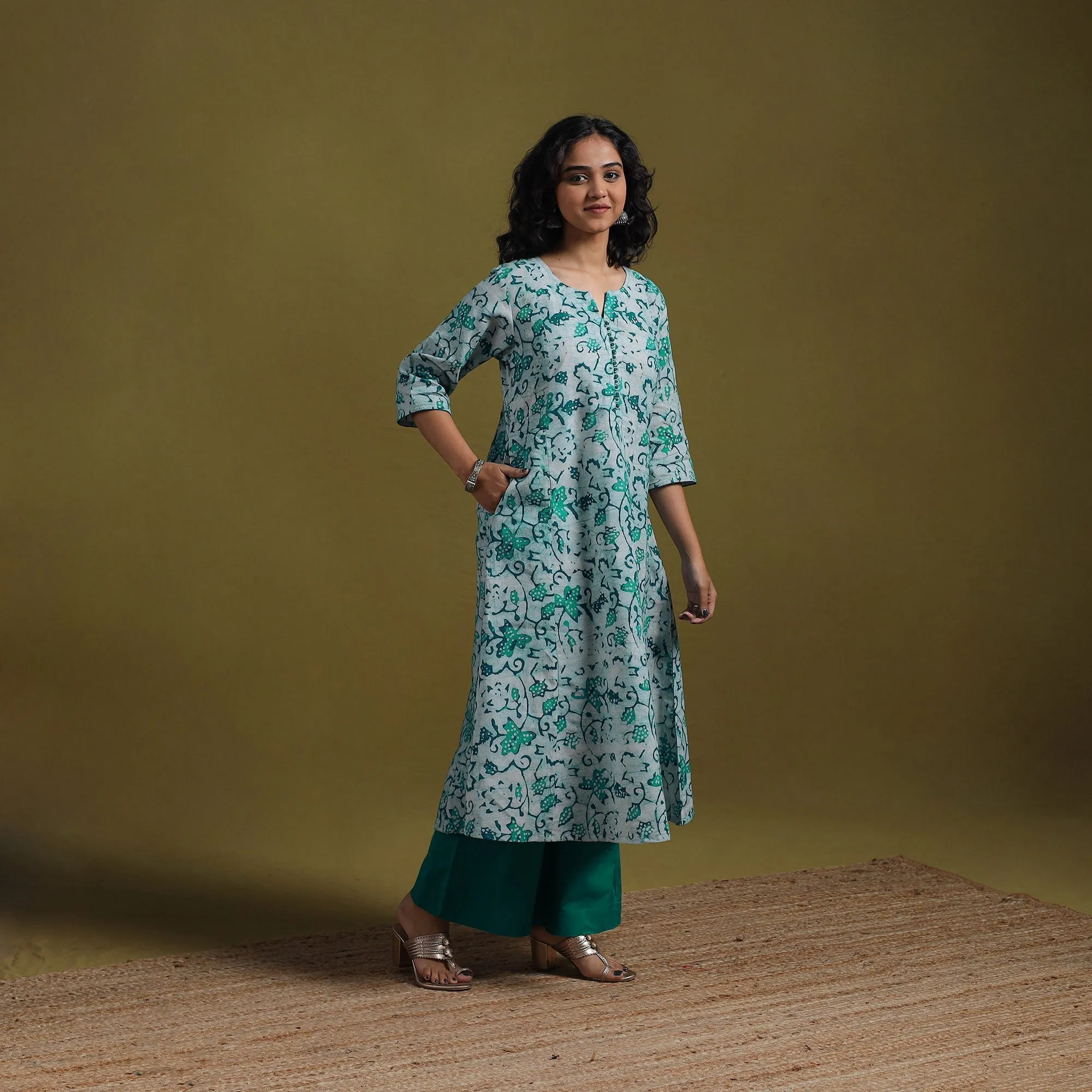 Green - Cotton Hand Block Batik Print A-Line Kurta for women 22 sold by Itokri