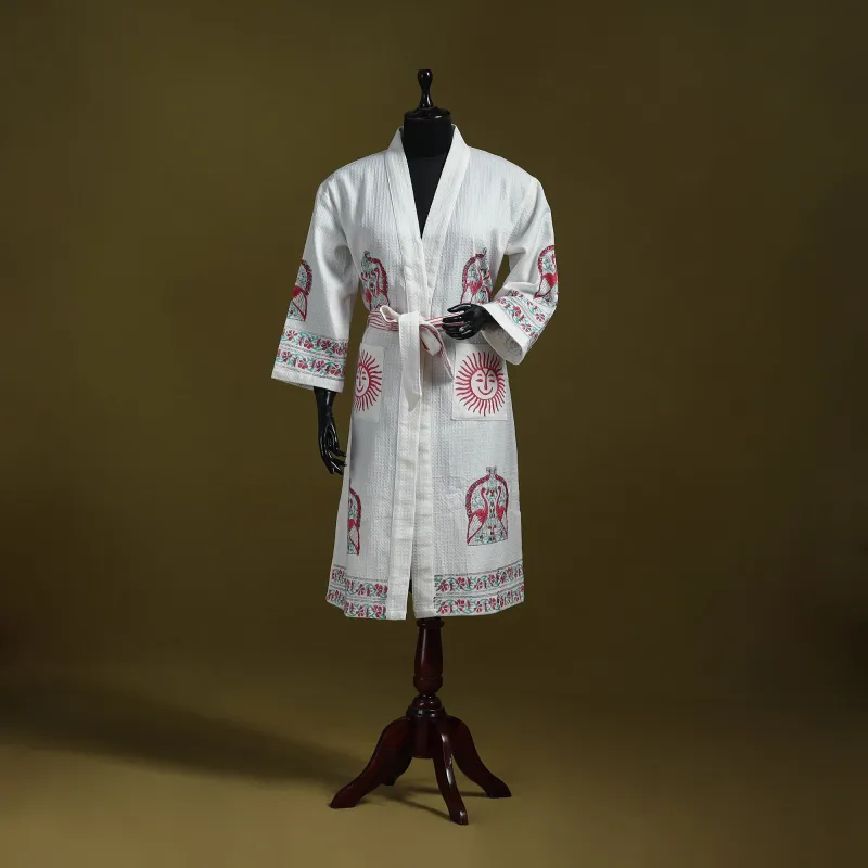 White - Sanganeri Block Print Waffle Weave Handwoven Bath Robe 09 made by Itokri