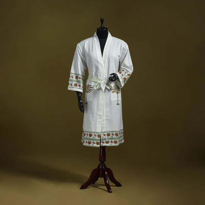 White - Sanganeri Block Print Waffle Weave Handwoven Bath Robe 08 sold by Itokri