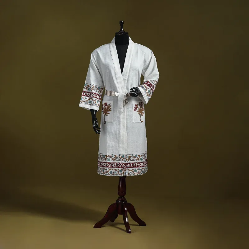 White - Sanganeri Block Print Waffle Weave Handwoven Bath Robe 02 sold by Itokri