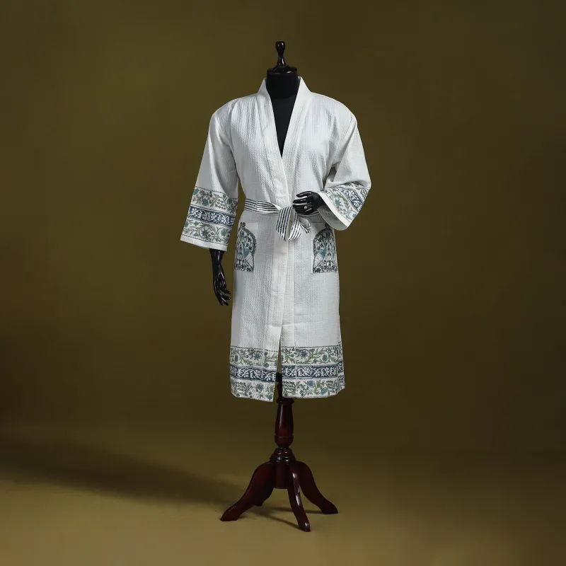 White - Sanganeri Block Print Waffle Weave Handwoven Bath Robe 07 sold by Itokri