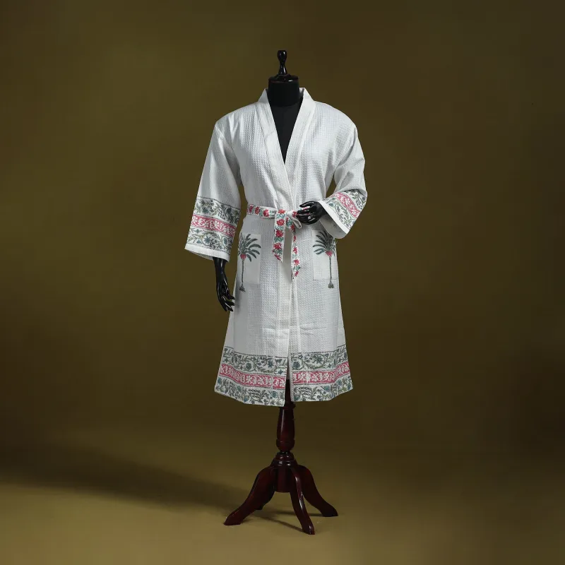 White - Sanganeri Block Print Waffle Weave Handwoven Bath Robe 04 sold by Itokri