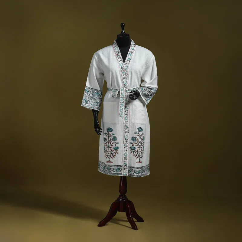 White - Sanganeri Block Print Waffle Weave Handwoven Bath Robe 29 sold by Itokri