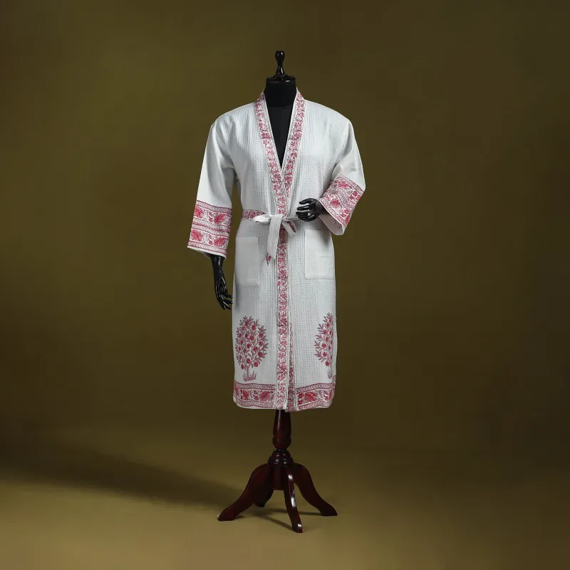 White - Sanganeri Block Print Waffle Weave Handwoven Bath Robe 03 sold by Itokri