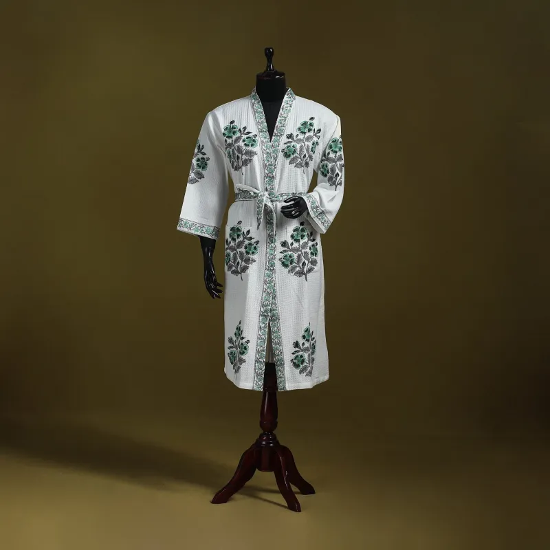 White - Sanganeri Block Print Waffle Weave Handwoven Bath Robe 28 made by Itokri