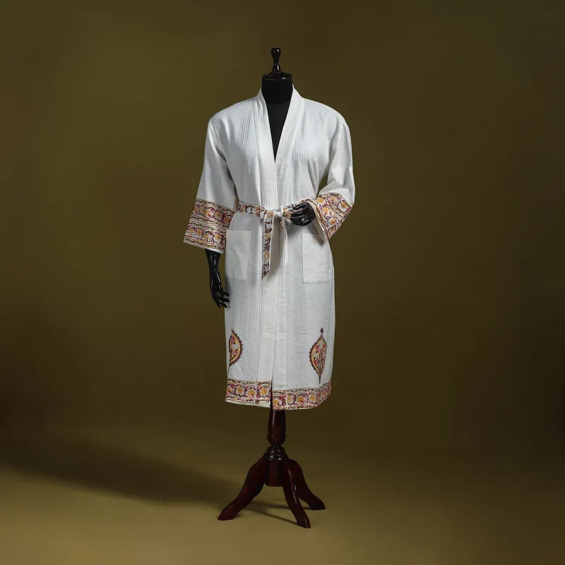 White - Sanganeri Block Print Waffle Weave Handwoven Bath Robe 24 sold by Itokri
