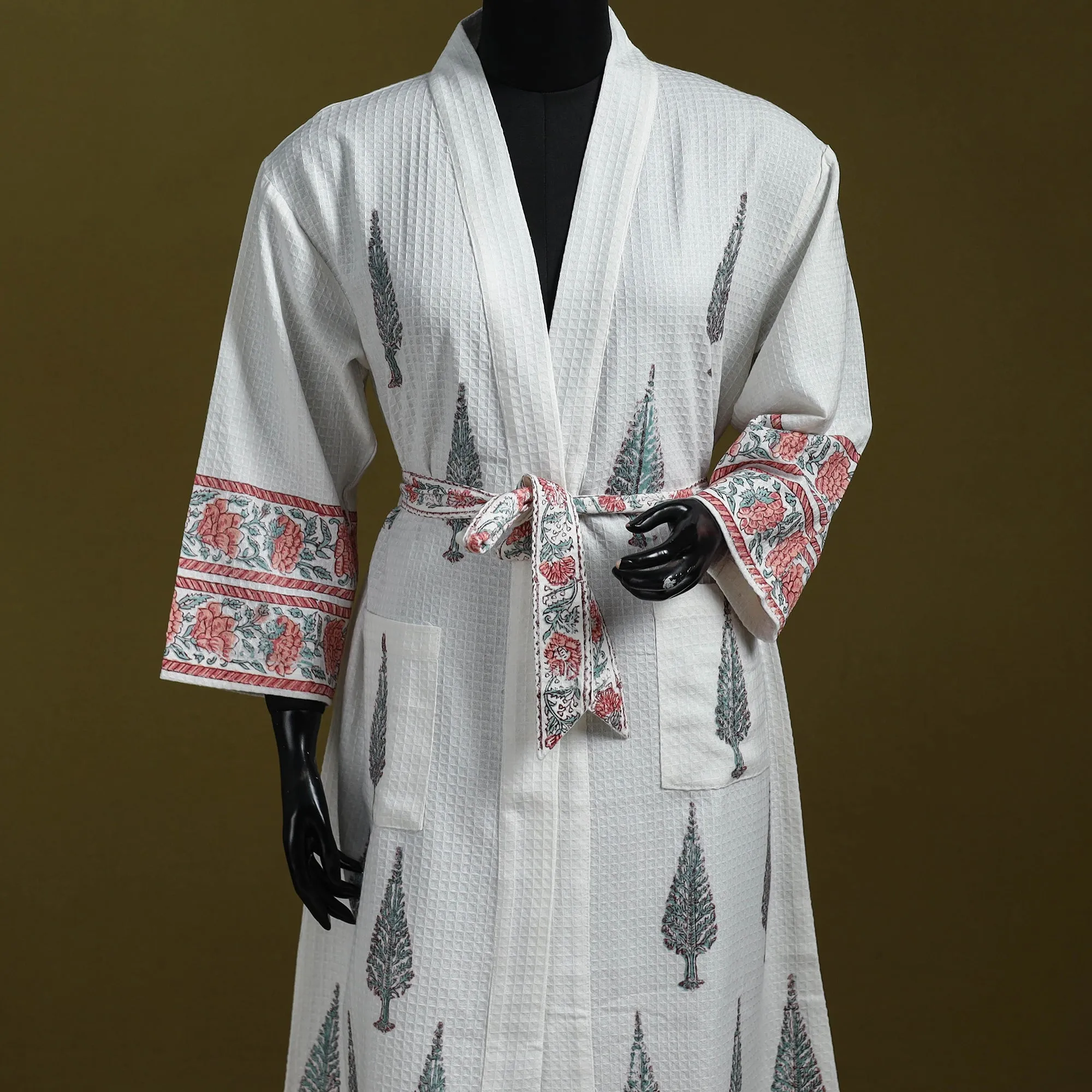 White - Sanganeri Block Print Waffle Weave Handwoven Bath Robe 20 sold by Itokri product image thumbnail 2