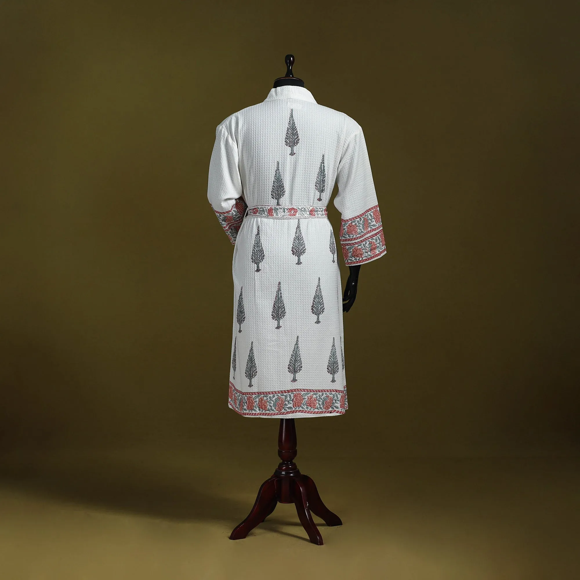 White - Sanganeri Block Print Waffle Weave Handwoven Bath Robe 20 sold by Itokri product image thumbnail 5