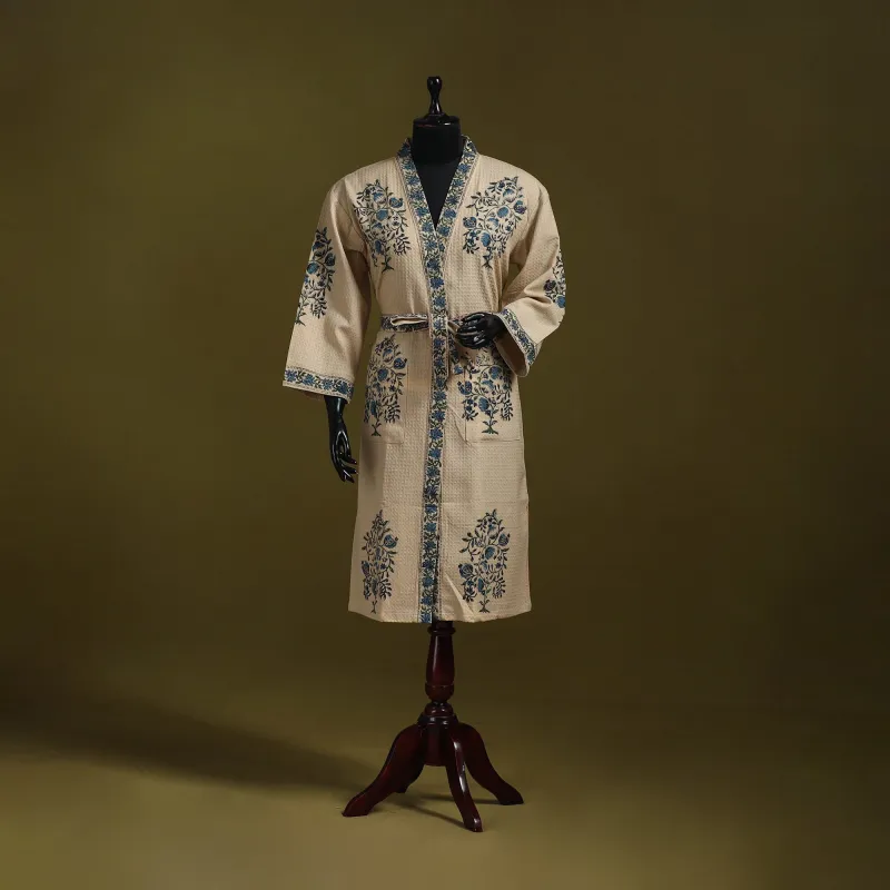 Beige - Sanganeri Block Print Waffle Weave Handwoven Bath Robe 15 made by Itokri