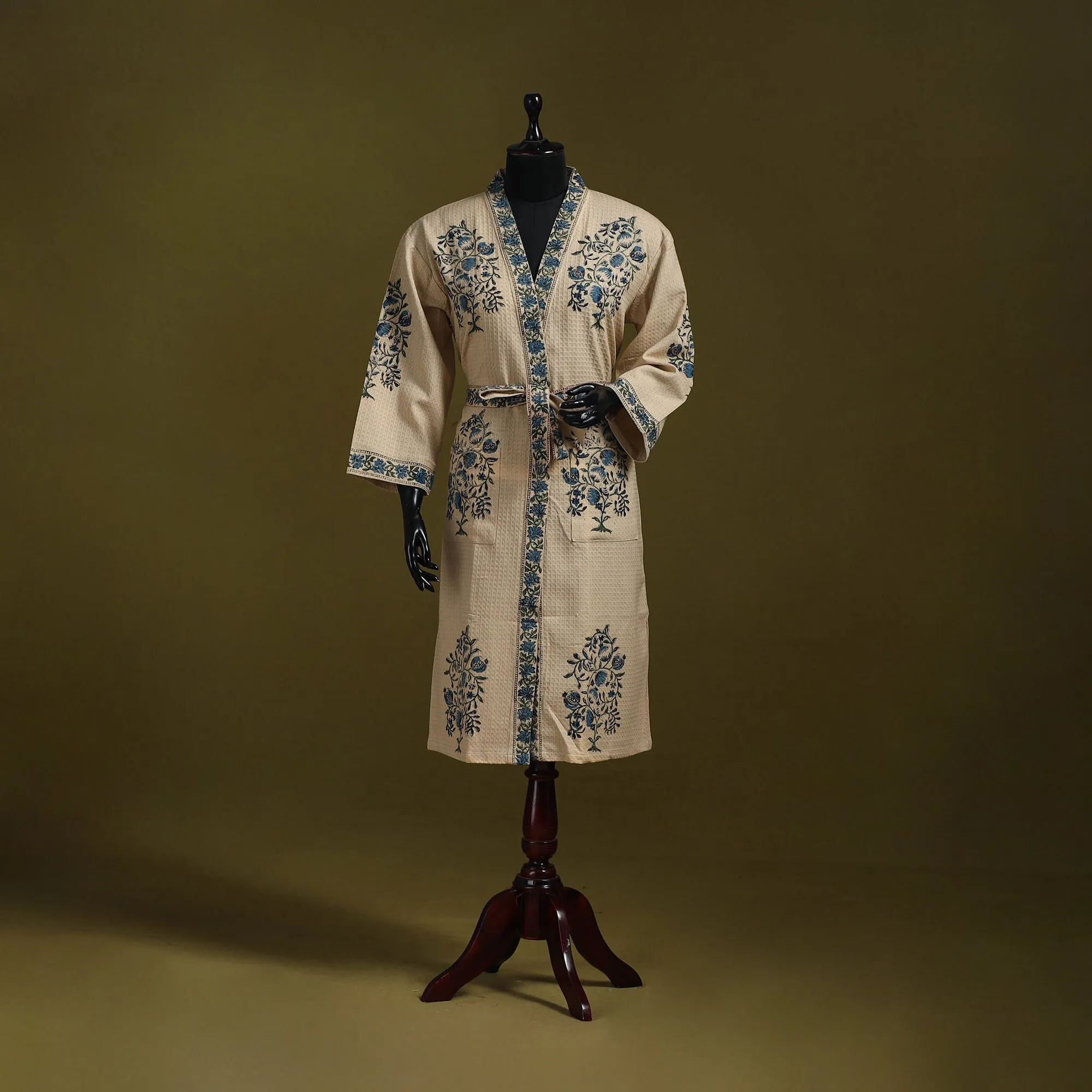 Beige - Sanganeri Block Print Waffle Weave Handwoven Bath Robe 15 sold by Itokri