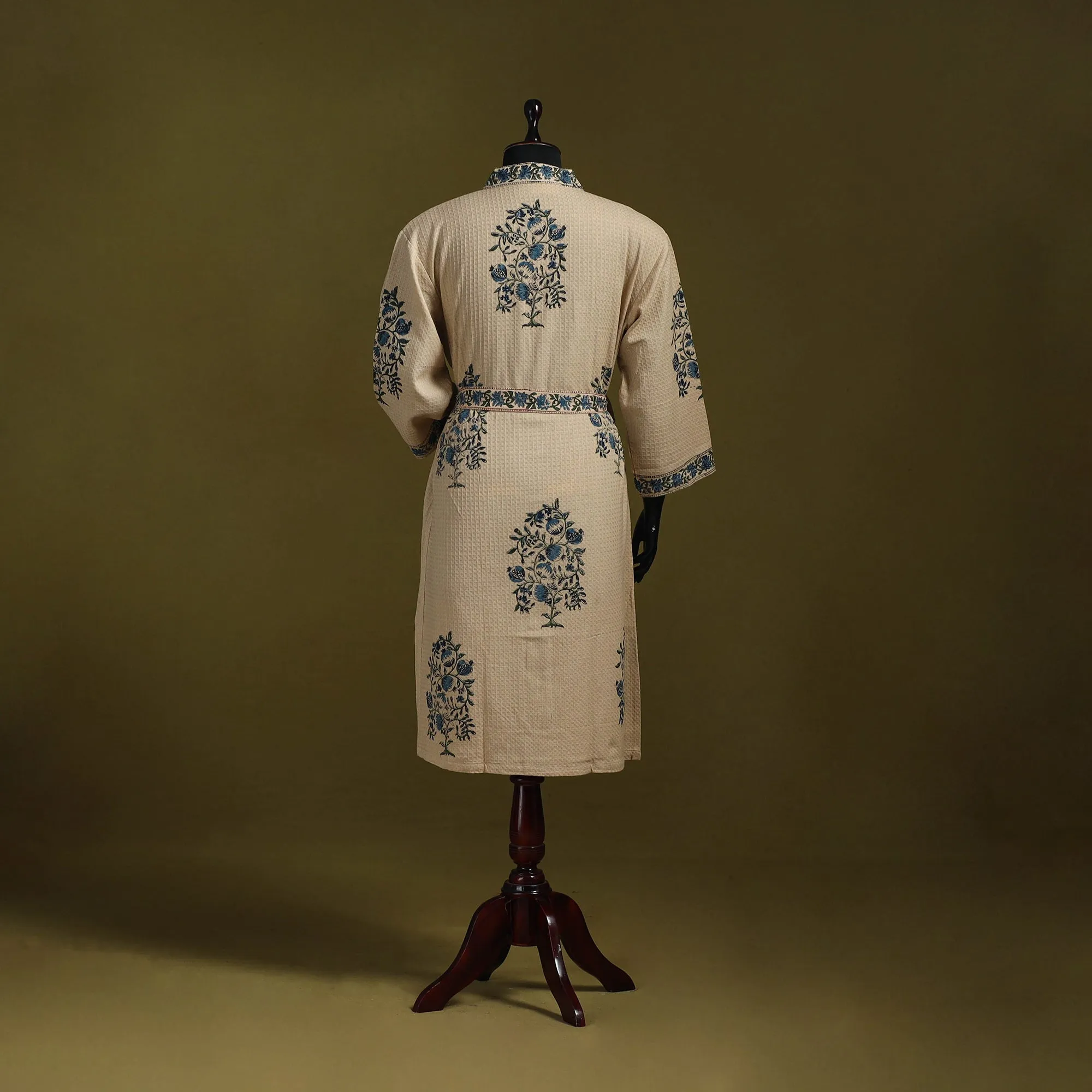 Beige - Sanganeri Block Print Waffle Weave Handwoven Bath Robe 15 sold by Itokri product image thumbnail 5