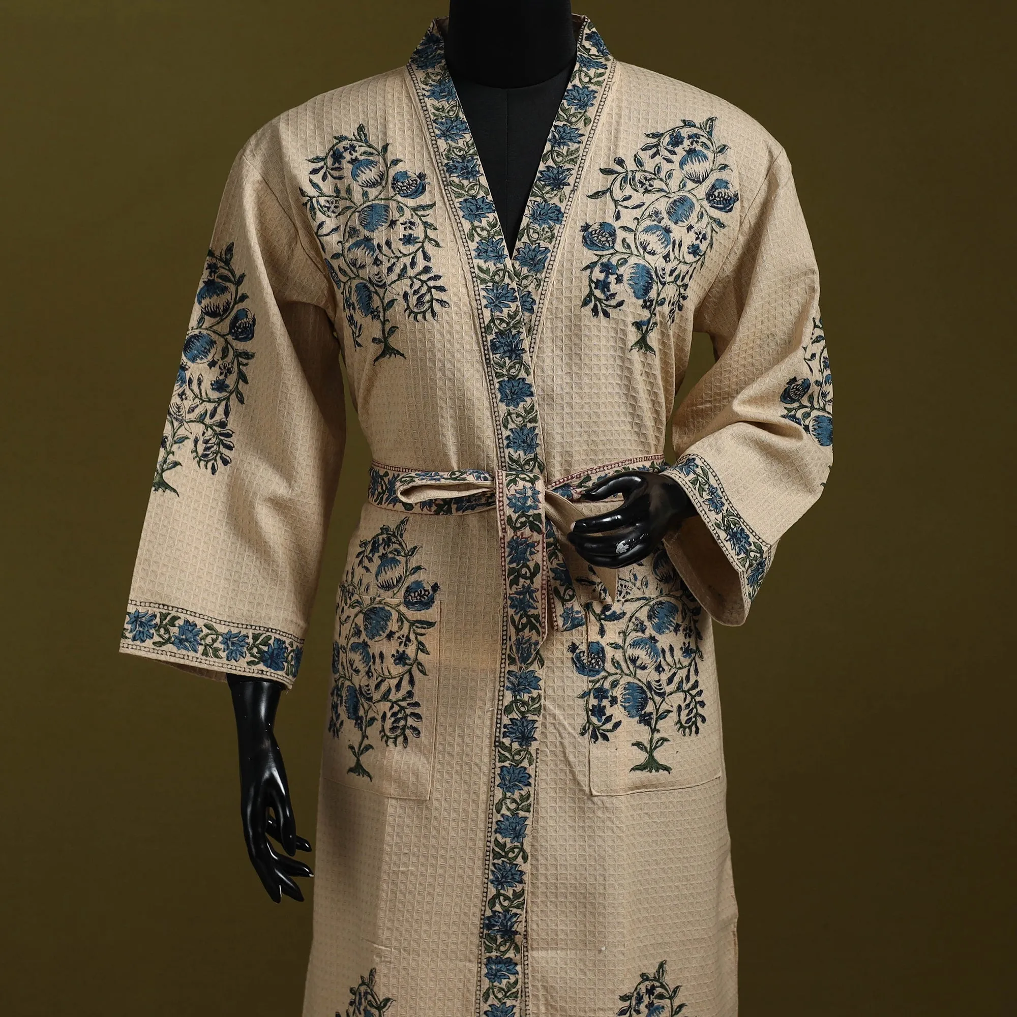 Beige - Sanganeri Block Print Waffle Weave Handwoven Bath Robe 15 sold by Itokri product image thumbnail 2