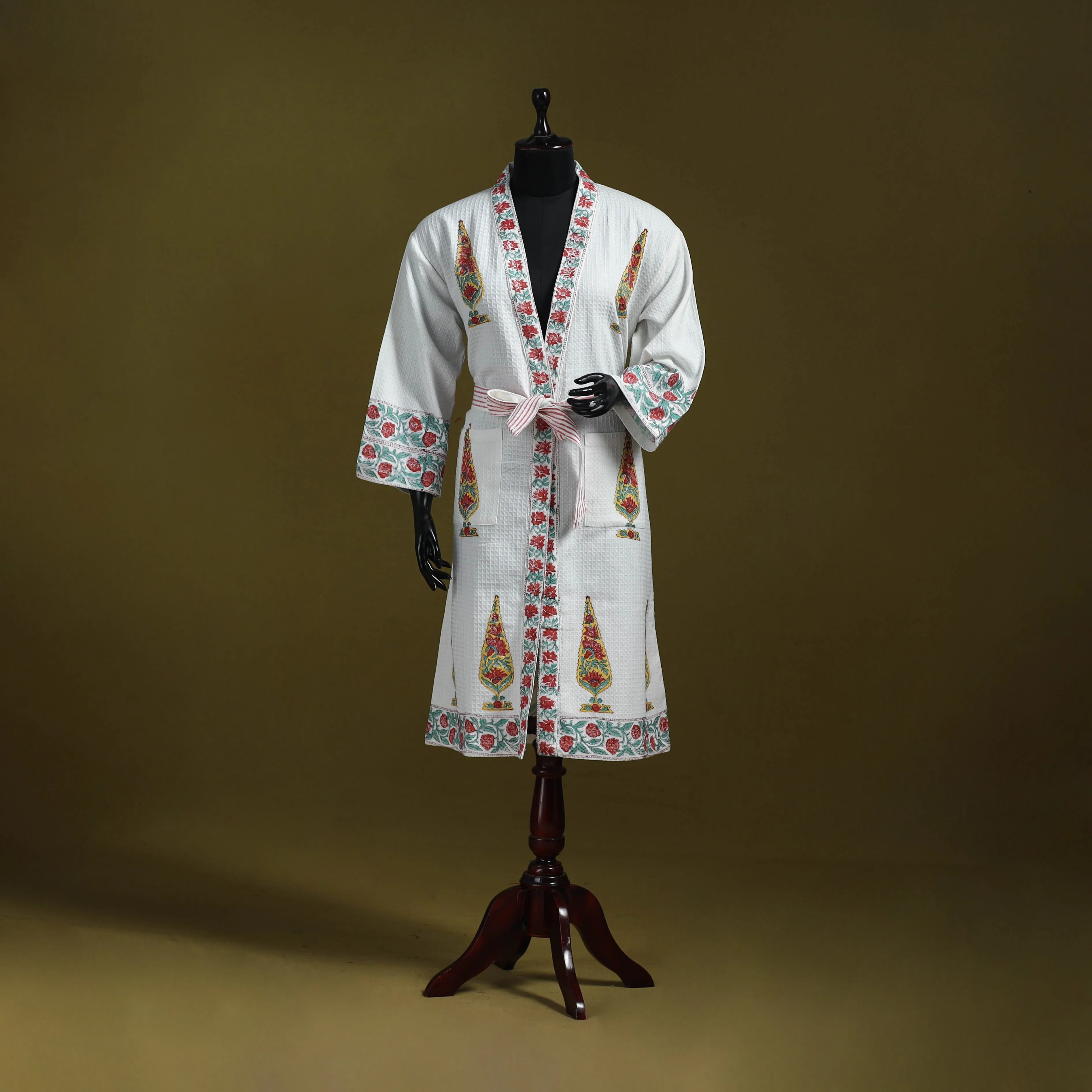 White - Sanganeri Block Print Waffle Weave Handwoven Bath Robe 10 sold by Itokri