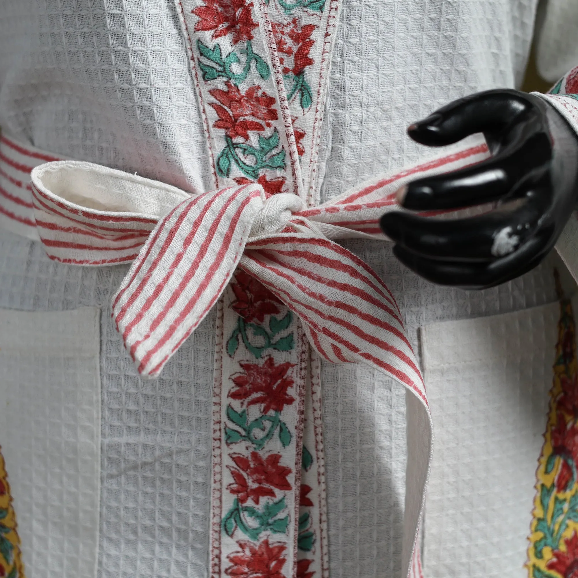 White - Sanganeri Block Print Waffle Weave Handwoven Bath Robe 10 sold by Itokri product image thumbnail 4