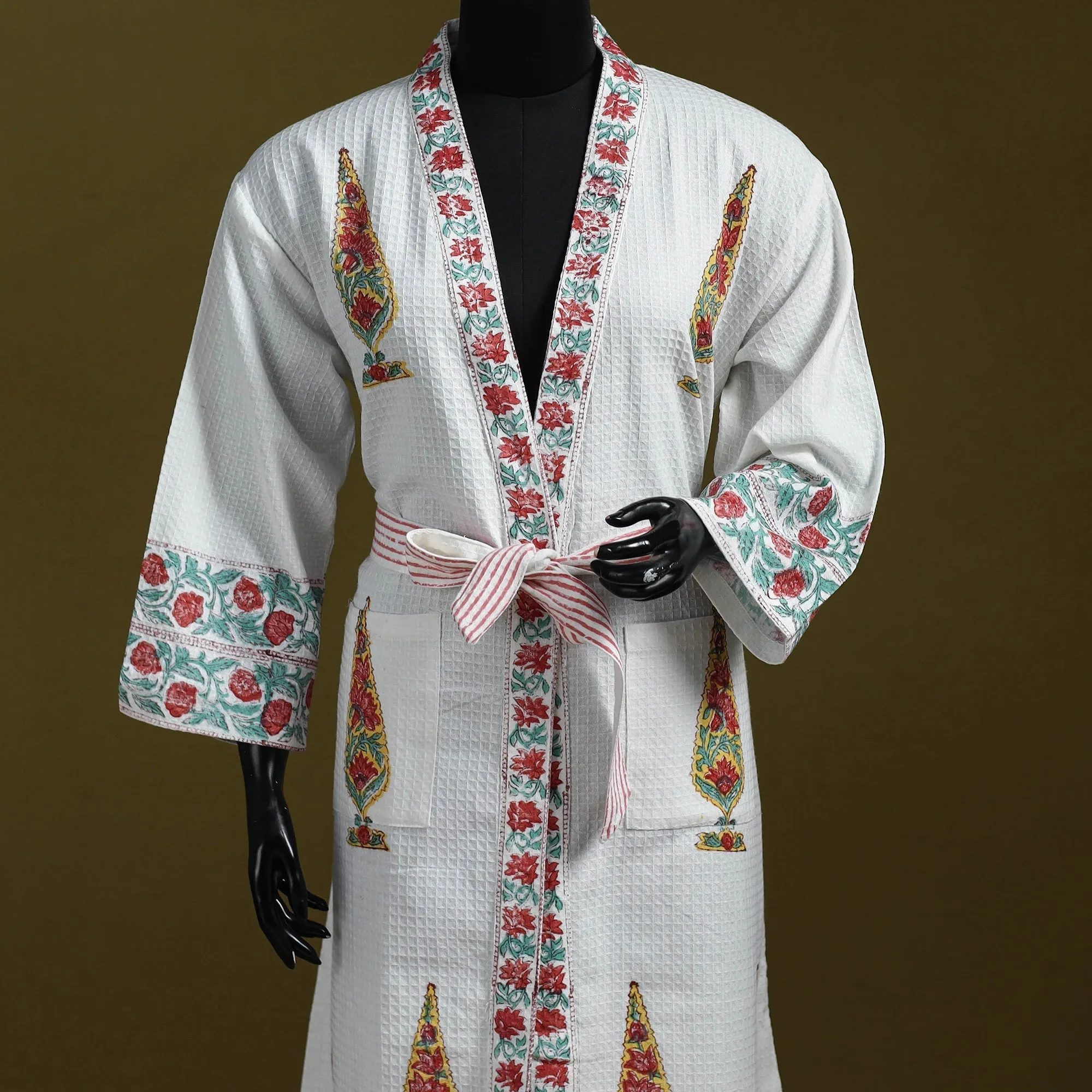White - Sanganeri Block Print Waffle Weave Handwoven Bath Robe 10 sold by Itokri product image thumbnail 2