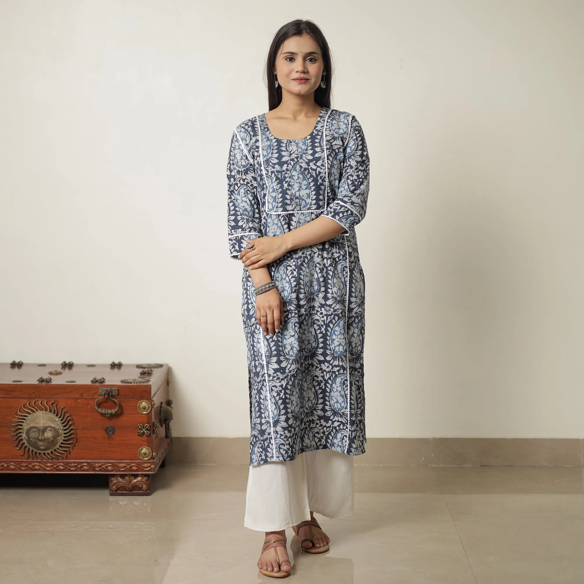 Blue - Hand Batik Printed Cotton Straight Kurta with Lace Work 09 sold by Itokri product image thumbnail 3