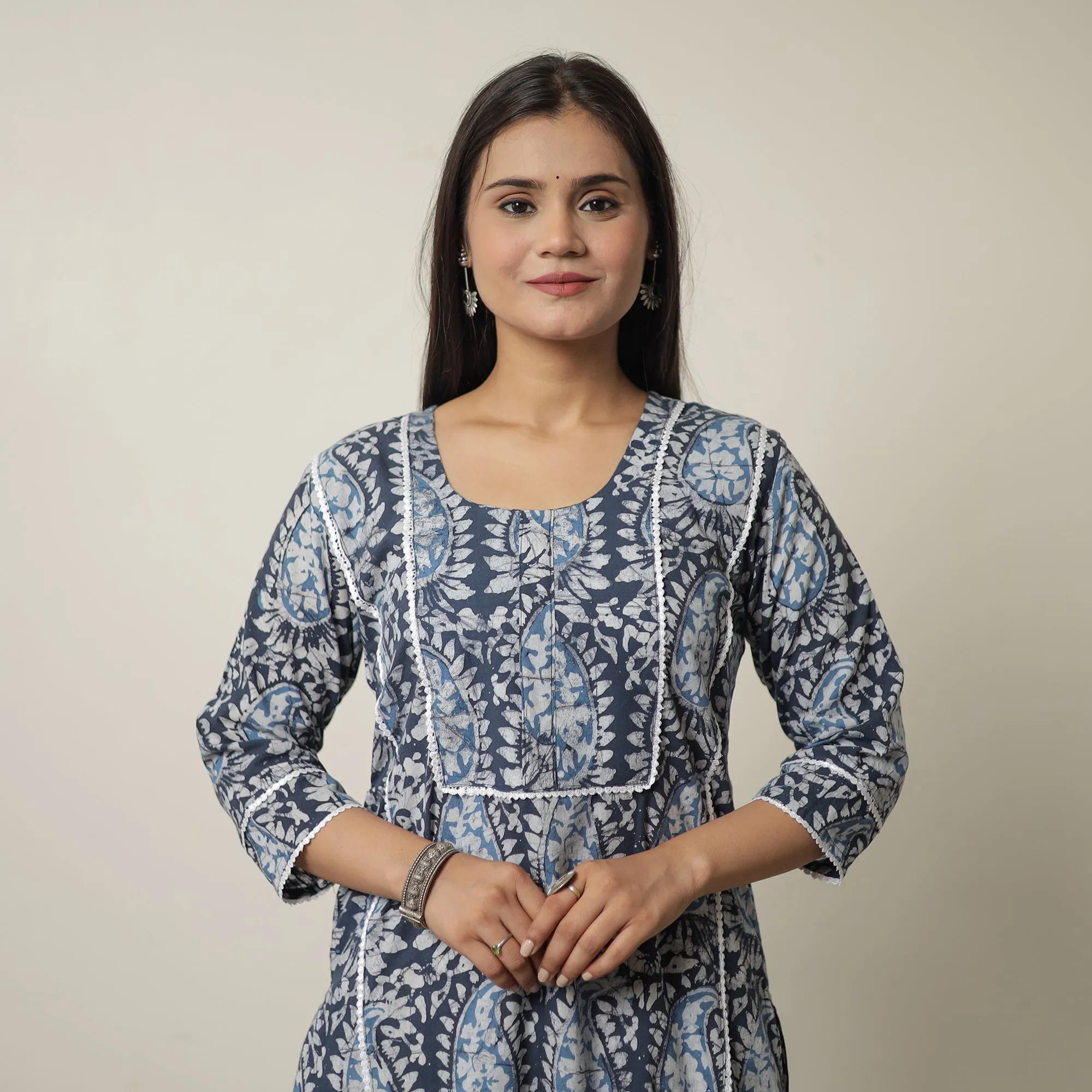 Blue - Hand Batik Printed Cotton Straight Kurta with Lace Work 09 sold by Itokri