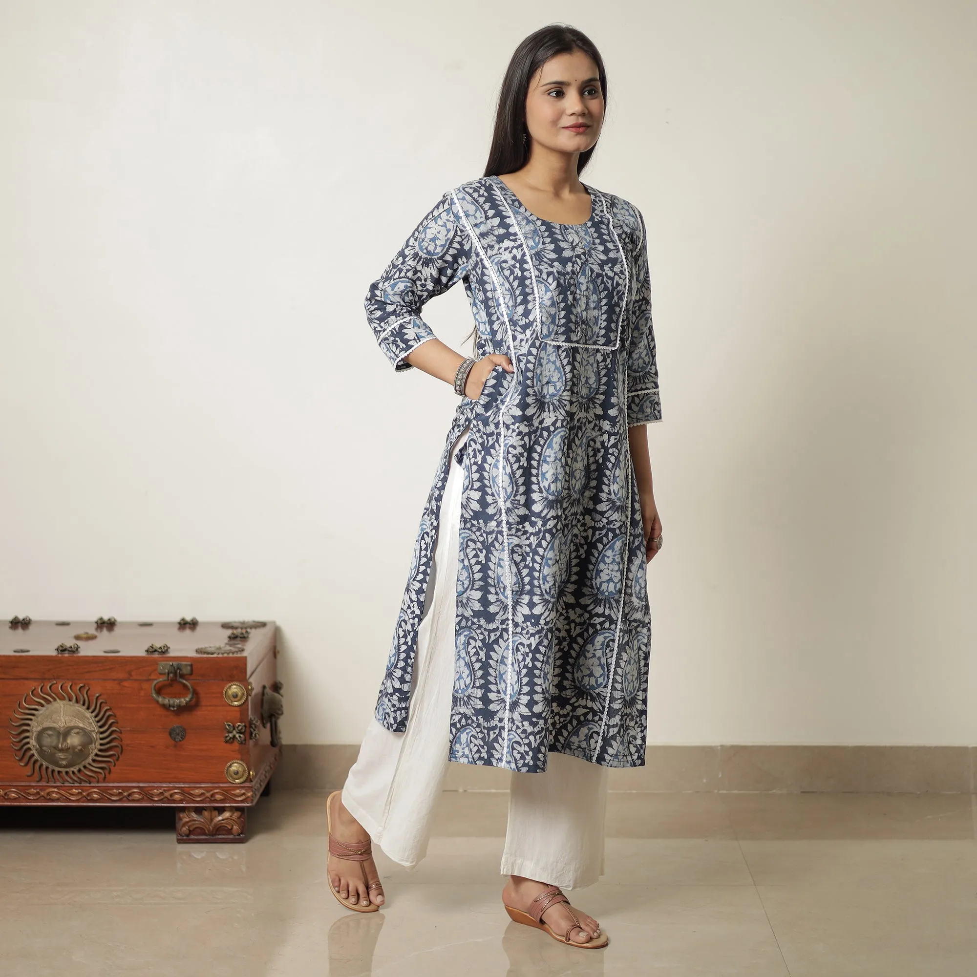 Blue - Hand Batik Printed Cotton Straight Kurta with Lace Work 09 sold by Itokri product image thumbnail 2