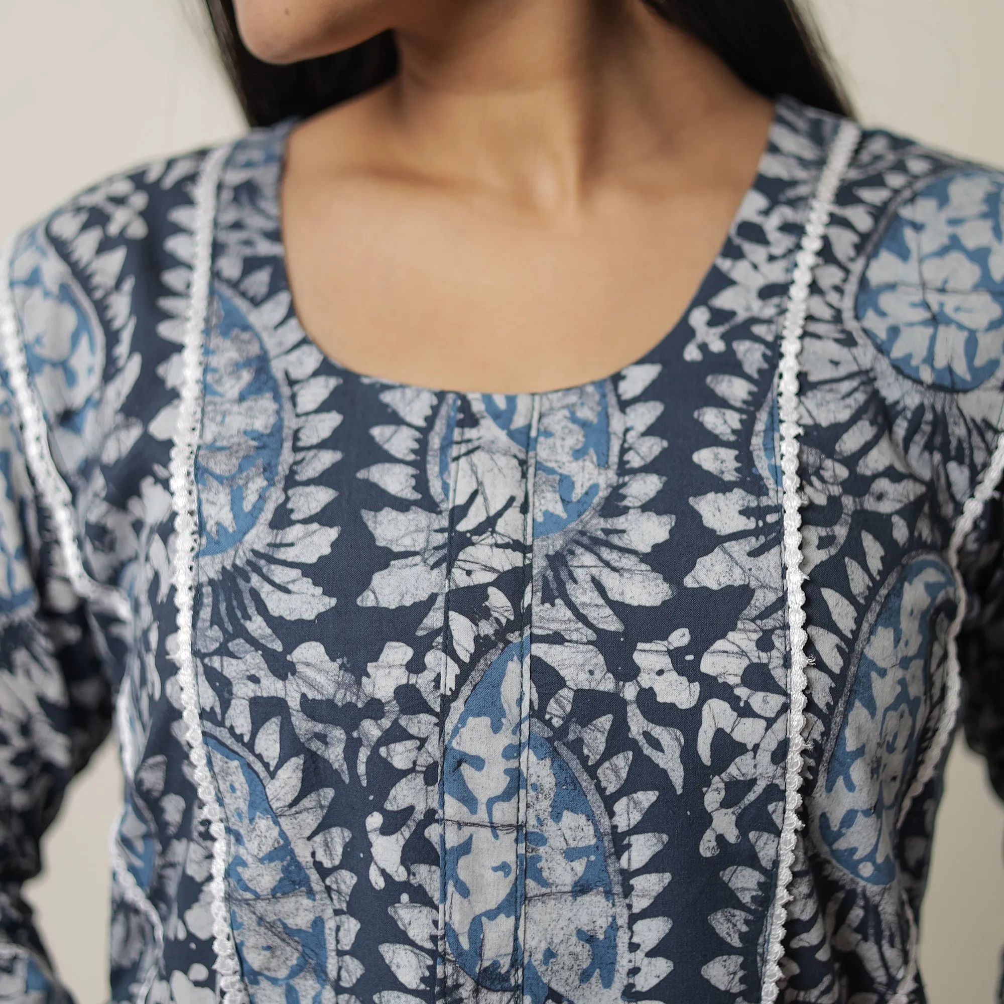 Blue - Hand Batik Printed Cotton Straight Kurta with Lace Work 09 sold by Itokri product image thumbnail 5