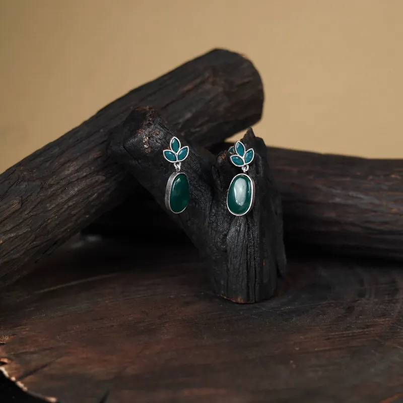 Green - Antique Silver Finish Oxidised Stone Work Earrings 141 made by Itokri