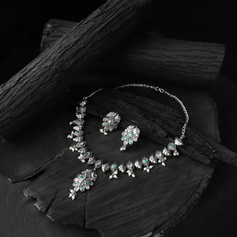 Multicolor - Saanjh Bela Leaves Oxidised Necklace Set made by Itokri