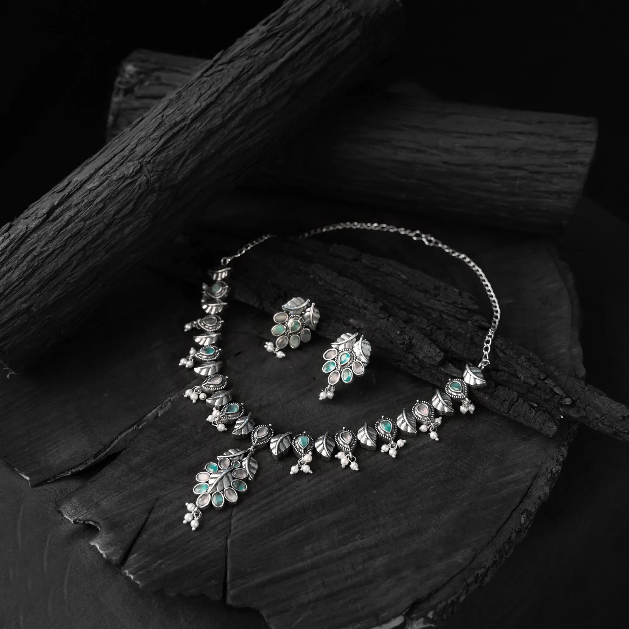 Multicolor - Saanjh Bela Leaves Oxidised Necklace Set sold by Itokri