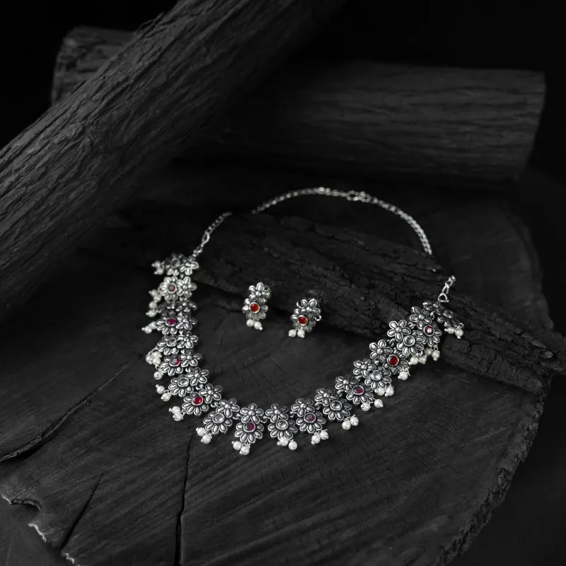 Red - Saanjh Bela Flower Oxidised Necklace Set made by Itokri