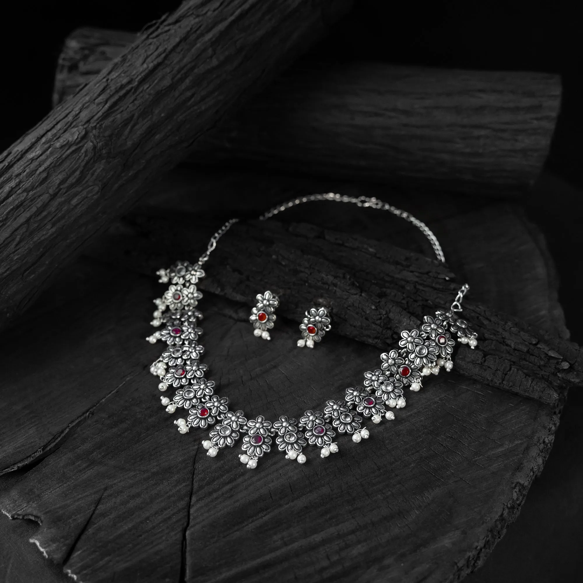 Red - Saanjh Bela Flower Oxidised Necklace Set sold by Itokri