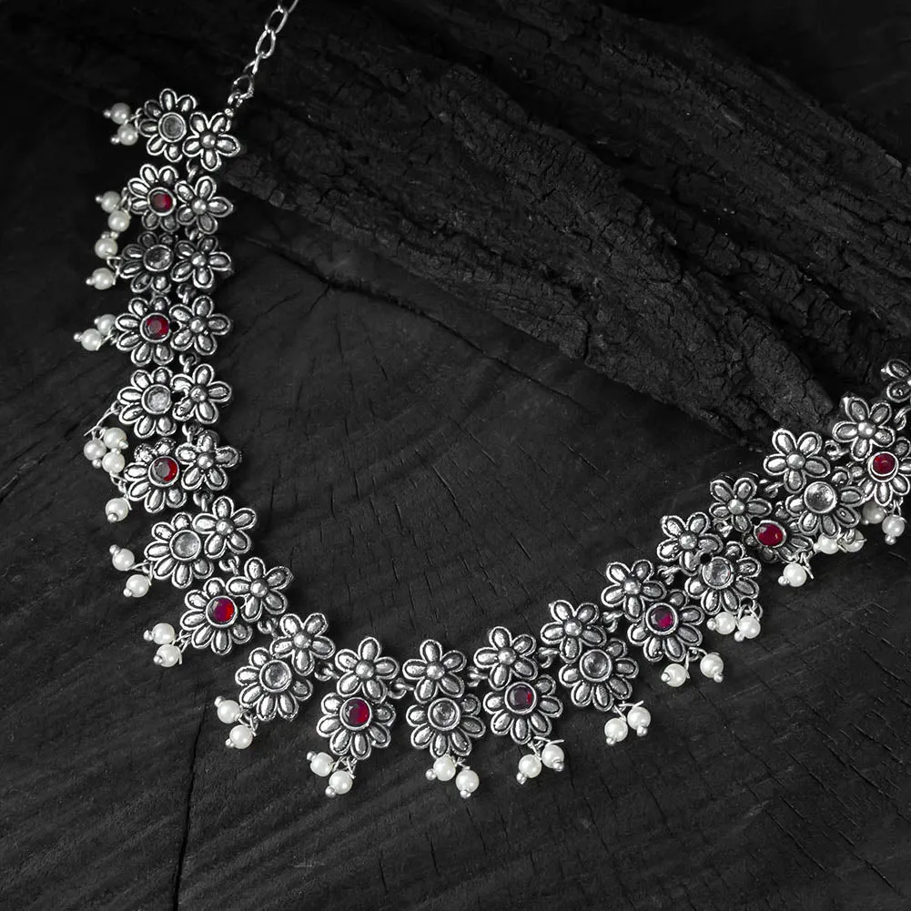 Red - Saanjh Bela Flower Oxidised Necklace Set sold by Itokri product image thumbnail 3