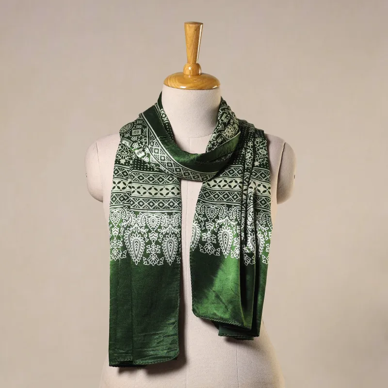 Green - Mashru Silk Printed Ajrakh Stole 10 made by Itokri