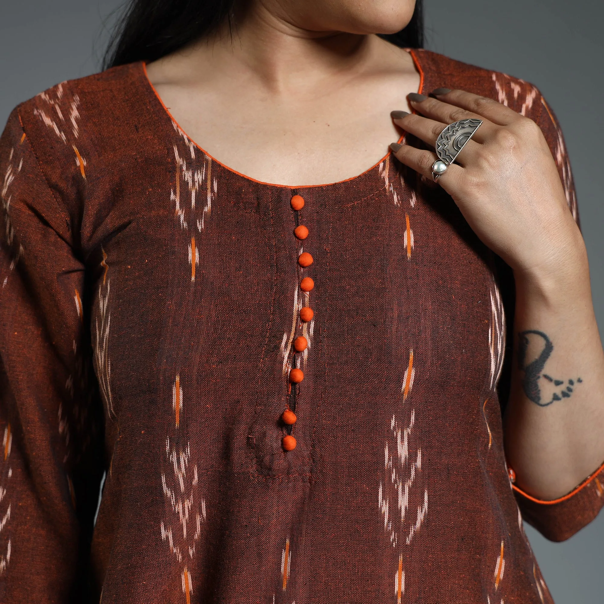Brown - Pochampally Ikat Weave Cotton Long A-Line Kurta 15 sold by Itokri product image thumbnail 5