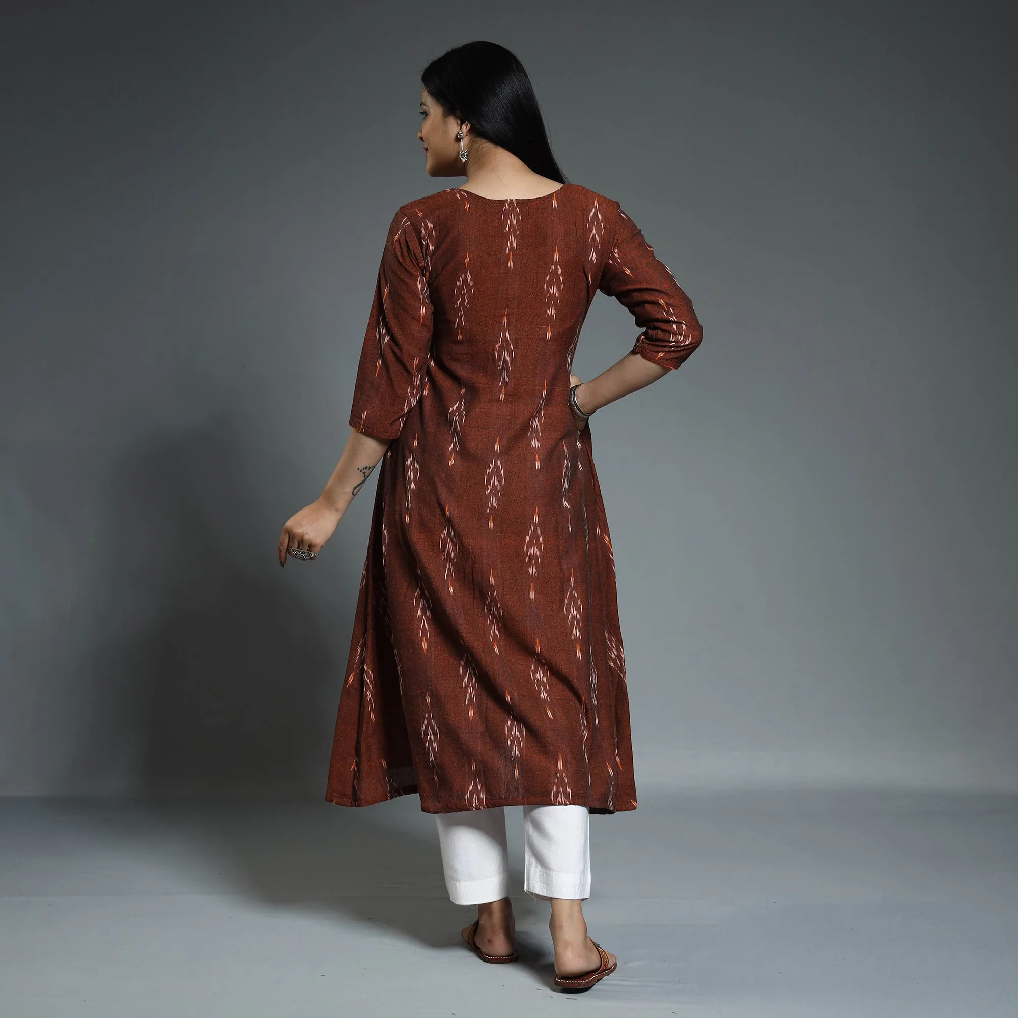 Brown - Pochampally Ikat Weave Cotton Long A-Line Kurta 15 sold by Itokri product image thumbnail 4
