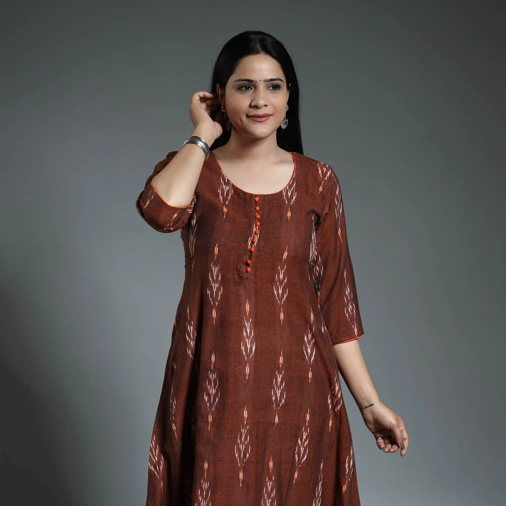 Brown - Pochampally Ikat Weave Cotton Long A-Line Kurta 15 sold by Itokri