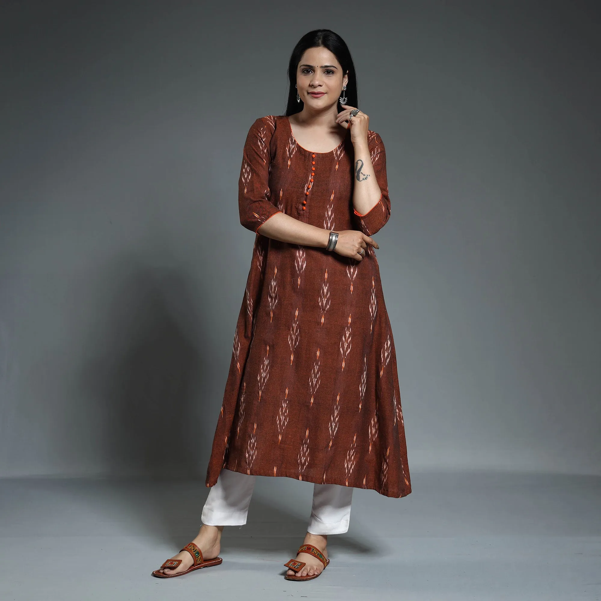 Brown - Pochampally Ikat Weave Cotton Long A-Line Kurta 15 sold by Itokri product image thumbnail 2
