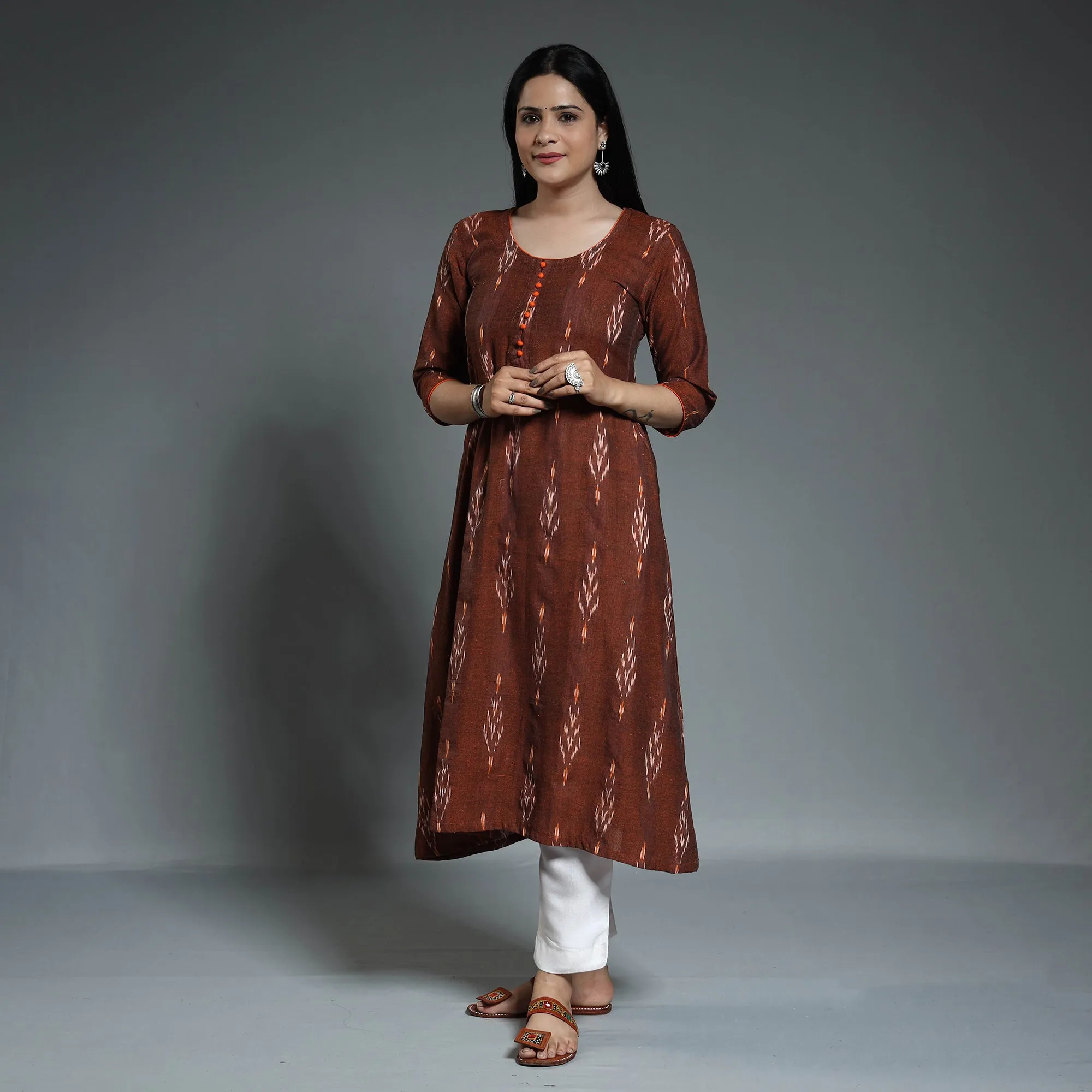 Brown - Pochampally Ikat Weave Cotton Long A-Line Kurta 15 sold by Itokri product image thumbnail 3