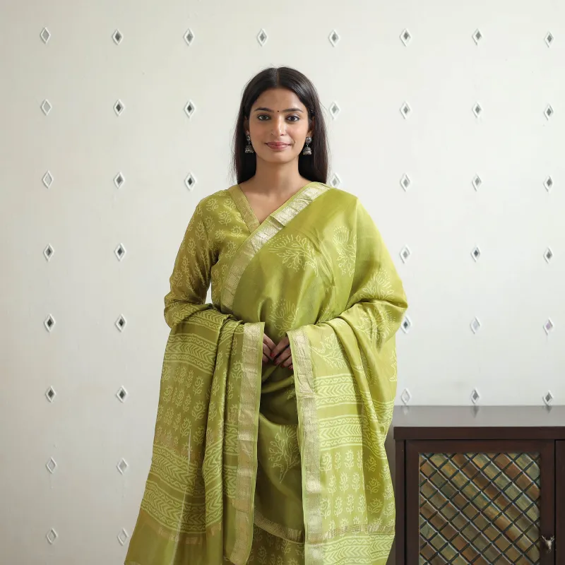 Green - Traditional Maheshwari Silk Bagru Print Kurta Set 03 sold by Itokri