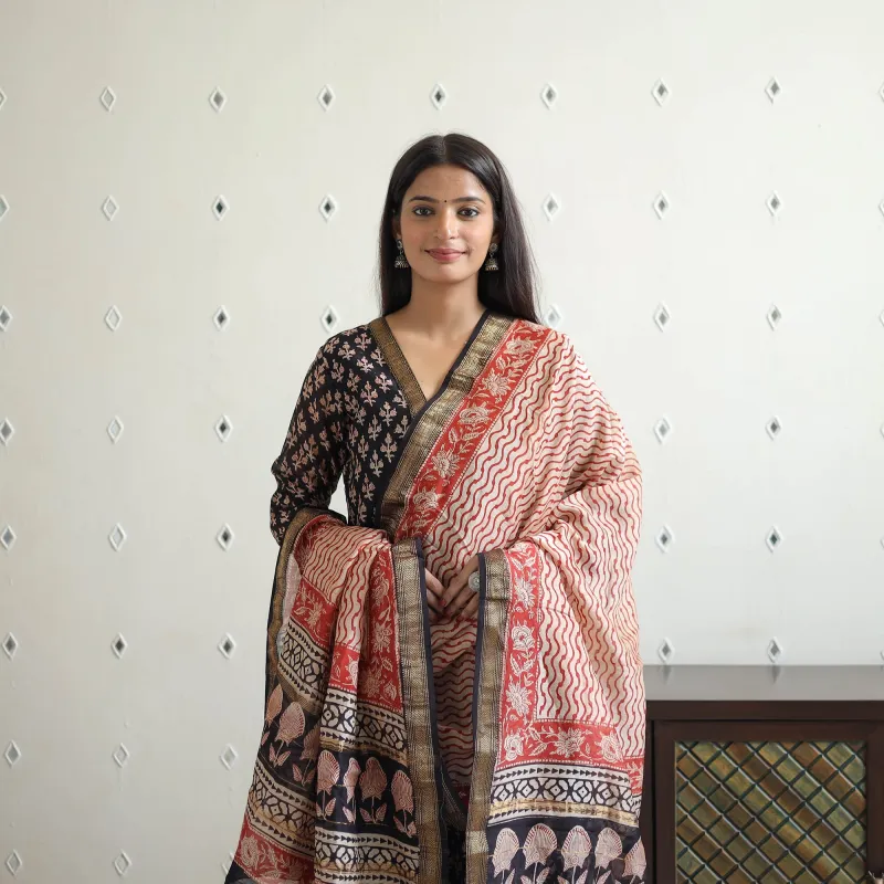 Blue - Traditional Maheshwari Silk Bagru Print Kurta Set 05 sold by Itokri