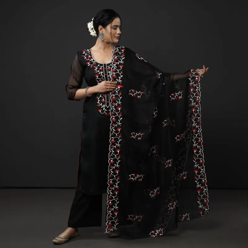 Black Kota Doria Embroidery Silk Kurta with Palazzo & Dupatta Set sold by Itokri