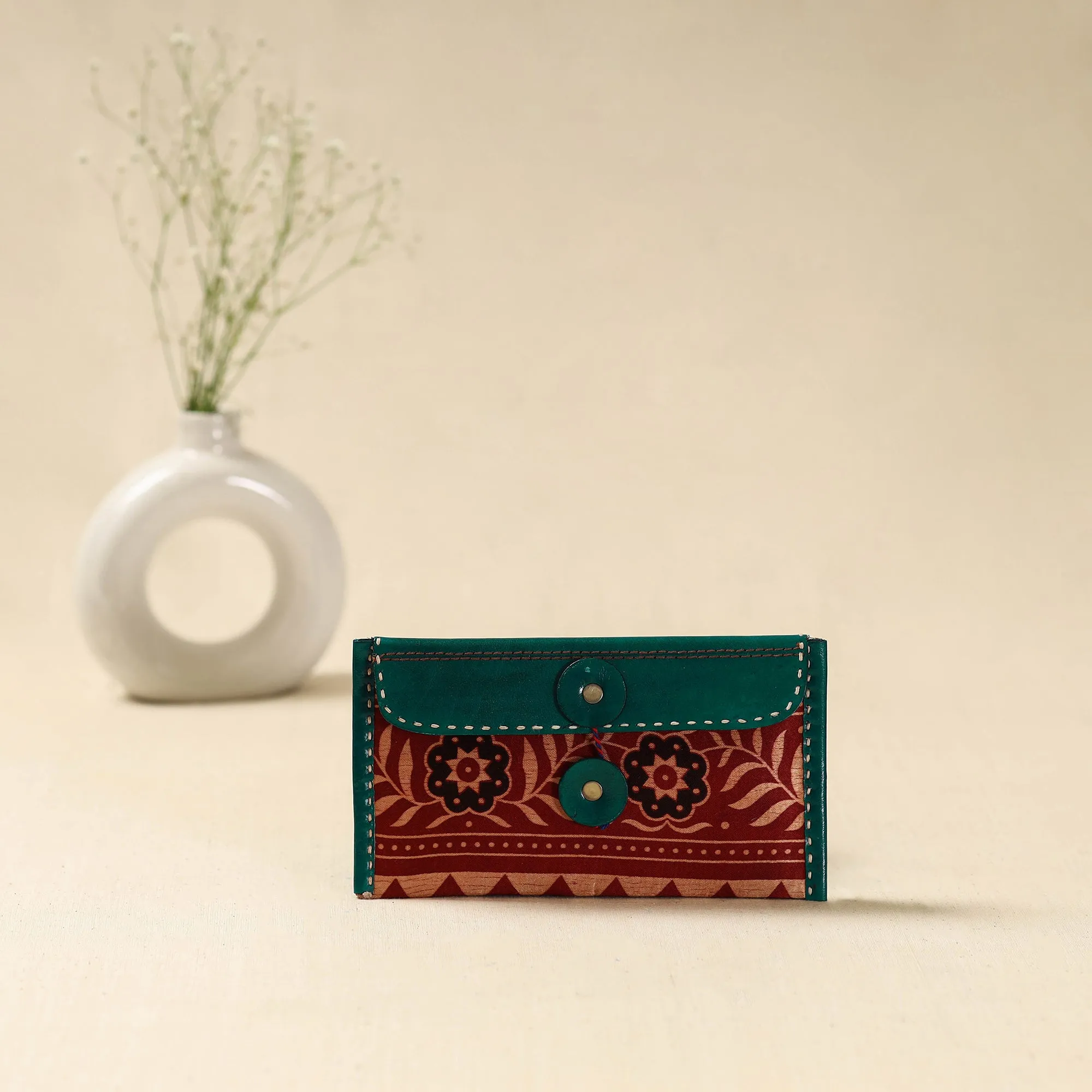 Green - Handcrafted Kutch Embroidery Leather Ajrakh Clutch / Wallet 04 sold by Itokri