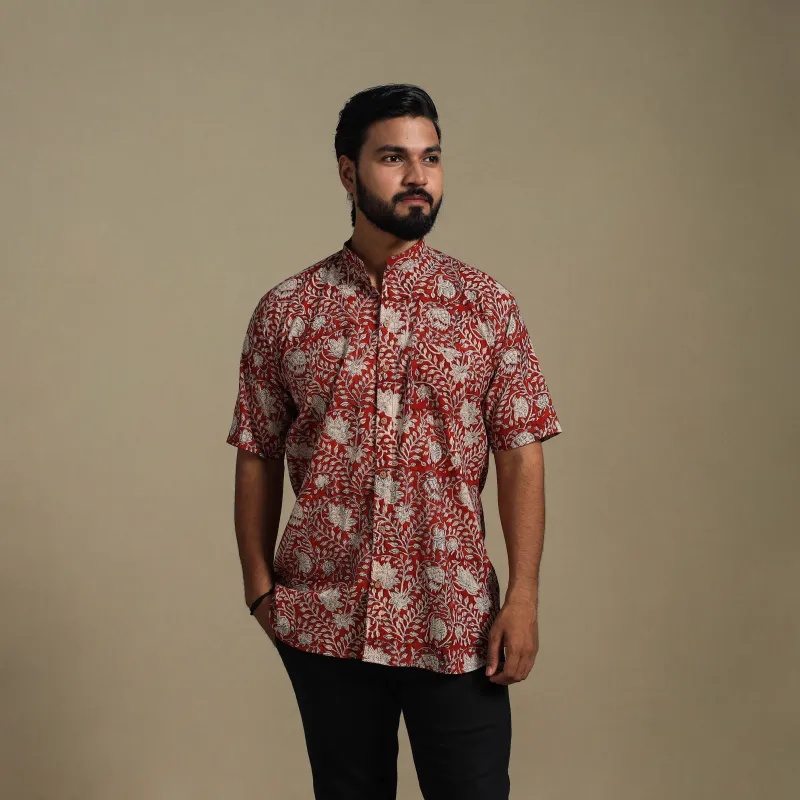 Red - Natural Dyed Block Print Cotton Men Half Sleeve Bagru Shirt 06 sold by Itokri