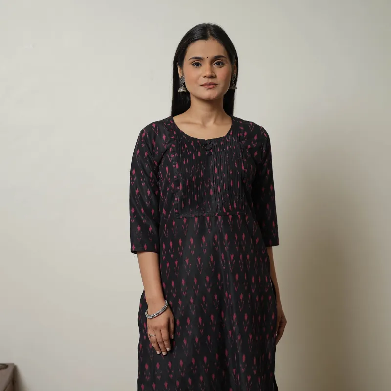 Black - Mercerised Cotton Straight Pochampally Ikat Kurta 08 made by Itokri