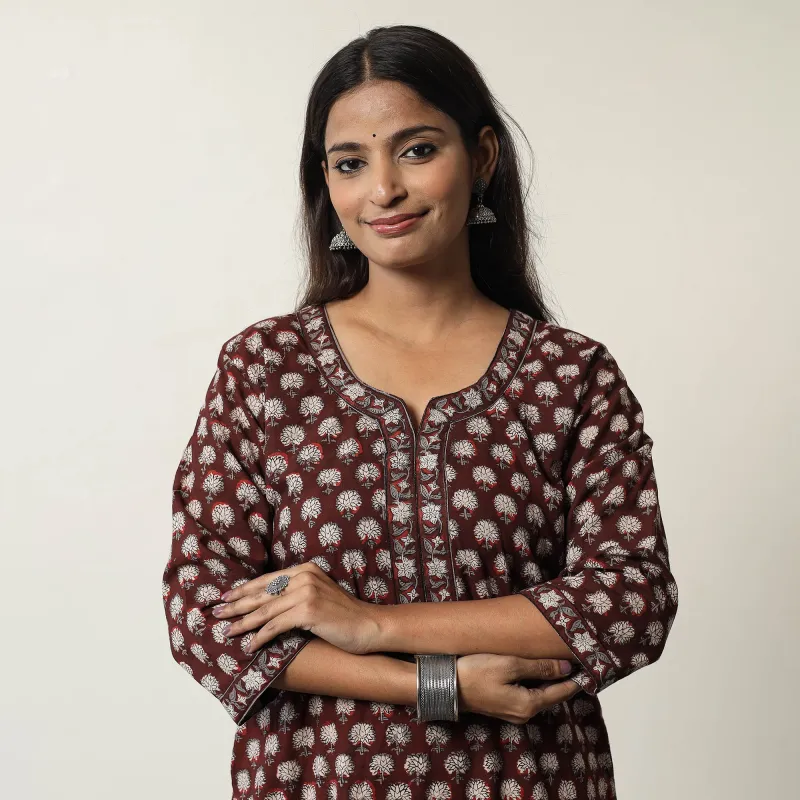 Maroon - Jahota Block Printed Cotton Straight Kurta 12 sold by Itokri