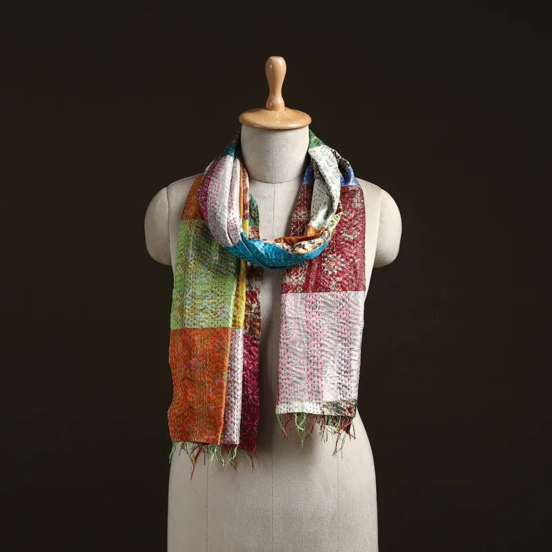Multicolor - Patchwork Reversible Silk Bengal Hand Kantha Stitch Stole 93 sold by Itokri