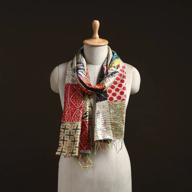 Multicolor - Patchwork Reversible Silk Bengal Hand Kantha Stitch Stole 92 sold by Itokri