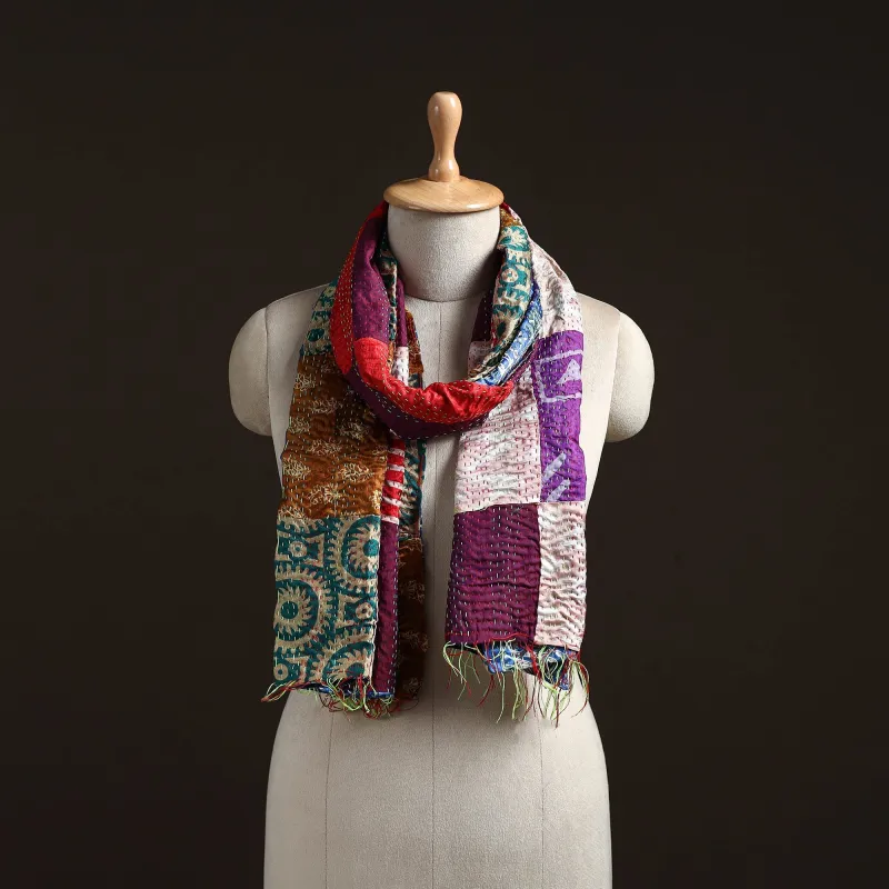 Multicolor - Patchwork Reversible Silk Bengal Hand Kantha Stitch Stole 90 sold by Itokri