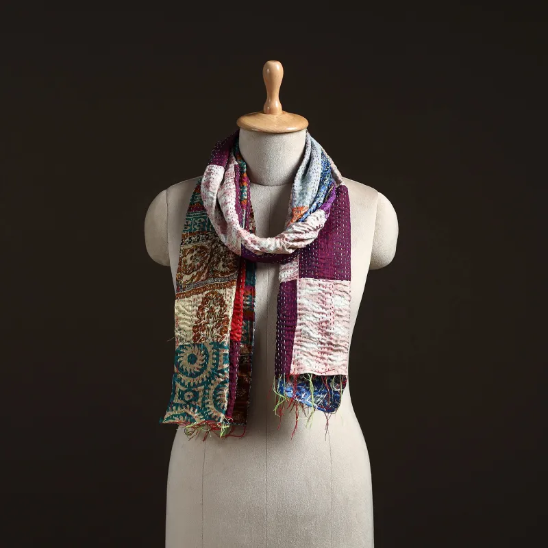 Multicolor - Patchwork Reversible Silk Bengal Hand Kantha Stitch Stole 89 sold by Itokri