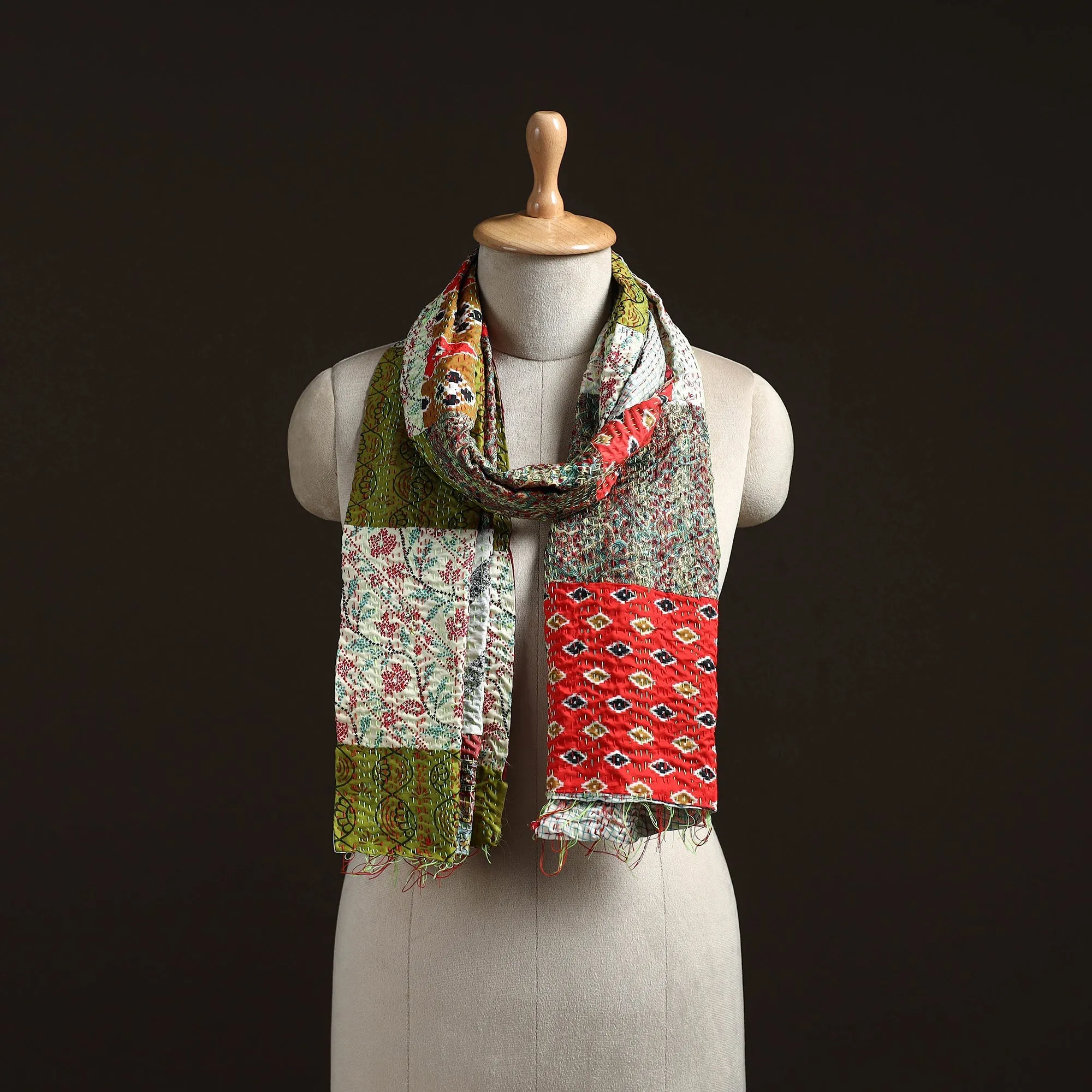 Multicolor - Patchwork Reversible Silk Bengal Hand Kantha Stitch Stole 88 sold by Itokri