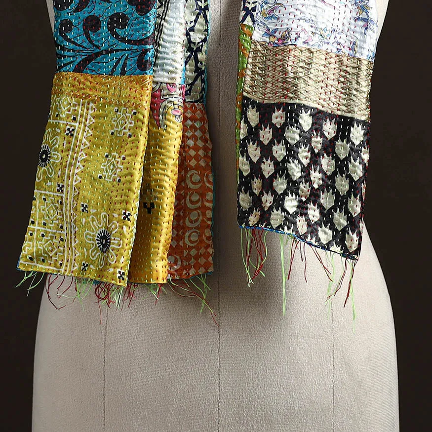 Multicolor - Patchwork Reversible Silk Bengal Hand Kantha Stitch Stole 85 sold by Itokri product image thumbnail 2